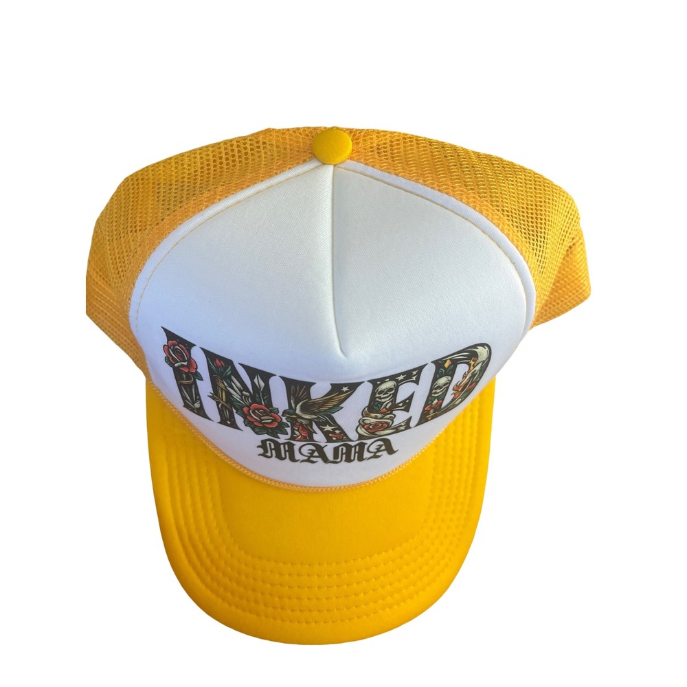 Mega Cap Trucker Hat Women OSFA Yellow New Inked Mama Tattoo Graphic Snapback - Picture 5 of 6